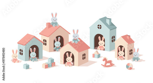 A collection of charming pastel toy houses provides a whimsical habitat for several small bunny figurines and wooden play blocks on a clean white background.