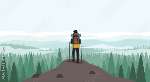 A solitary adventurer equipped with a large brown rucksack and trekking poles gazes across a vast expanse of misty green pine trees and rolling hills under a soft teal sky.