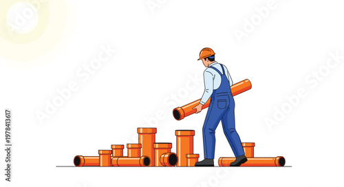 A dedicated industrial worker dressed in a blue overall and orange helmet carefully transports a long section of bright orange drainage piping against a stark white background.