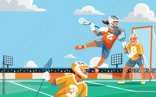 Lacrosse game background with players on field and stadium environment illustration