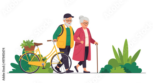 A charming senior couple enjoys a leisurely stroll through a lush green park while the man pushes a yellow bicycle carrying a small potted plant under clear daylight.