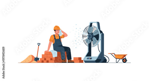 A tired laborer wearing a bright orange t-shirt and blue overalls rests on a stack of red bricks while cooling off in front of a powerful industrial fan in a warm setting.
