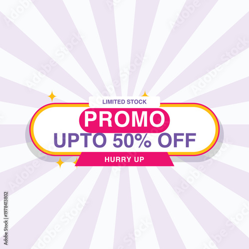 Cute pastel promo badge with up to fifty percent off text and limited stock message on retro sunburst background for cheerful summer retail marketing template vector illustration