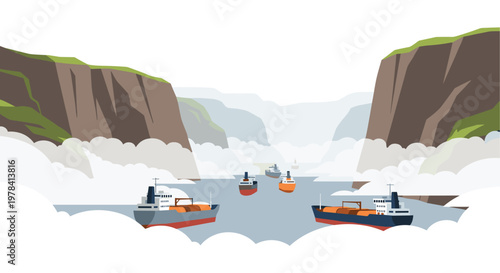 Massive industrial cargo ships navigate through a narrow and misty canyon flanked by towering brown cliffs under a bright and expansive overcast sky now.