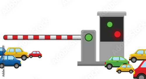 A red and white striped barrier gate stands firmly closed at a security checkpoint while several colorful cars wait patiently beside glowing signal lights.