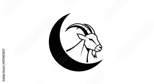 Minimalist goat head silhouette inside crescent moon vector icon