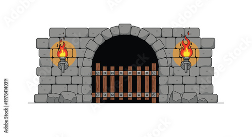 A medieval stone fortress wall contains a dark arched entrance secured by a sturdy wooden gate and illuminated by two flickering orange torches today.