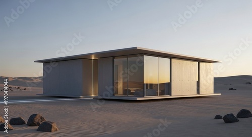 A modern, minimalist house with large glass windows and a flat roof, situated in a desert landscape with sand dunes and rocks in the foreground.
