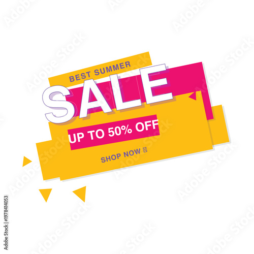 Best Summer Sale Up To 50% Off. Bold 3D typography, angled pink ribbons, yellow geometric overlapping shapes and drop shadows for Summertime discount shopping graphic design. Vector design