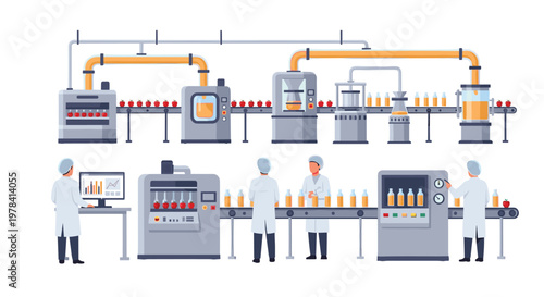 Comprehensive industrial illustration shows the automated production process of apple juice with workers monitoring machines from washing to bottling.