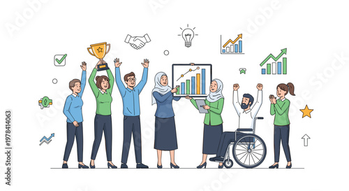 A diverse group of enthusiastic business professionals celebrates collective success while holding a golden trophy and presenting a vibrant growth bar chart.
