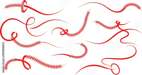 Red surgical suture vector set, medical stitches and wound closure threads, realistic surgical thread elements for healthcare design