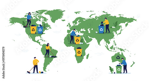 Environmentally conscious volunteers actively clean up litter and manage recycling bins across a green world map to promote global ecological awareness.