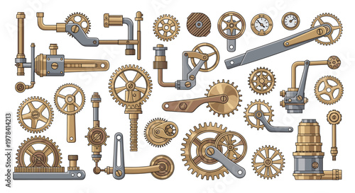 Meticulous vintage steampunk mechanical gears and brass clockwork components are displayed in a flat layout against a pristine white background today.