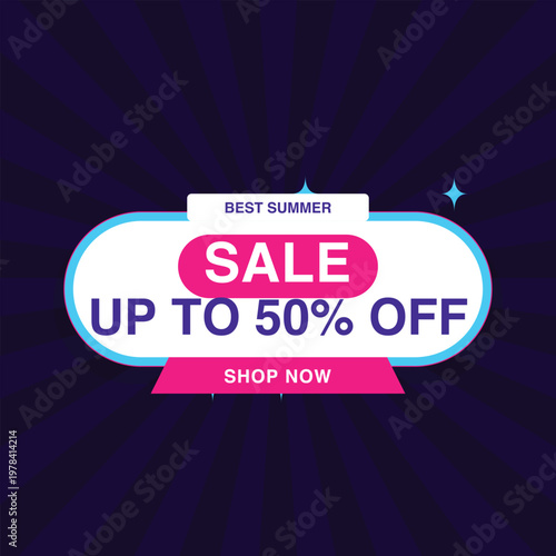 Best Summer Sale promotional banner. Summertime commercial background featuring bold lettering, pink discount badge and dark blue sunburst rays for seasonal shopping and sale advertising. Vector art