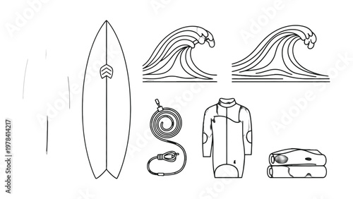 Surf's Up: Surfing gear laid out, including surfboard, waves, leash, wetsuit and towel showing the anticipation of riding the waves.