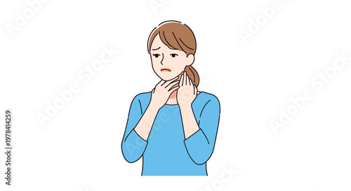 An anxious woman in a blue sweater gently touches her throat and neck area while exhibiting a pained facial expression against a plain white background.