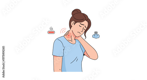 A distressed woman wearing a blue shirt massages her painful neck while floating icons for heat therapy and cold packs suggest common medical treatments.