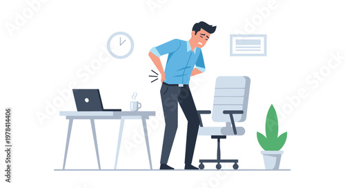 A distressed male professional stands beside his office desk and ergonomic chair while suffering from acute spinal discomfort in a minimalist workspace setting.