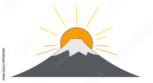 Sunrise over Mount Fuji, iconic Japanese volcano, symbol of nature and beauty, with bright sun rays in a clear sky.