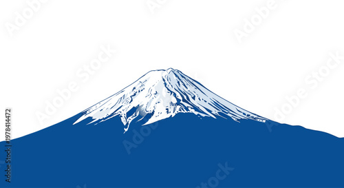 Iconic Mount Fuji volcano, Japan's tallest peak, with snow-capped summit against a clear blue sky and white background.