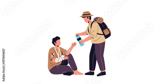 A helpful hiker wearing a wide-brimmed hat and large backpack offers a blue water bottle to a seated man with a bandaged white arm in a simple setting.