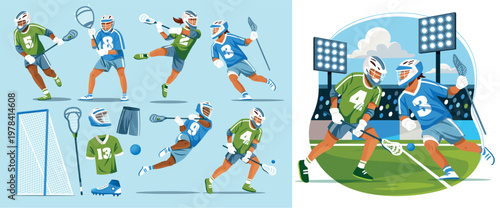 Lacrosse match illustration with two players competing on stadium field