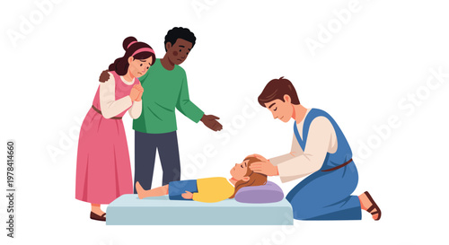 A compassionate healer in a blue garment performs a miracle by laying hands on a sick child in a simple domestic setting with warm emotional color tones.