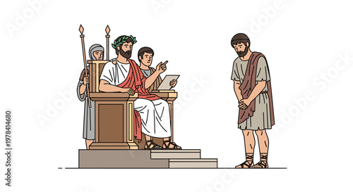 A powerful Roman emperor adorned with a laurel wreath addresses a submissive subject from a grand stone throne accented by a vibrant and rich red sash.