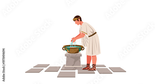 A Roman man wearing a white tunic and a golden laurel headband meticulously washes his hands in a bronze basin on a stone floor under bright clear light.