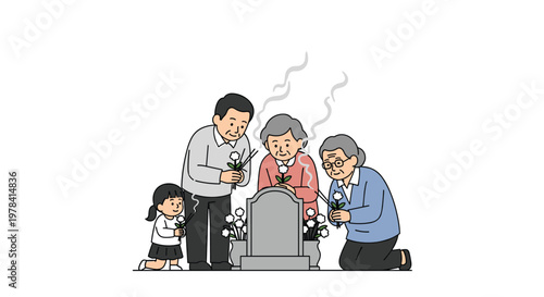 A multi-generational family gathers solemnly at a grey stone grave to offer white flowers and burning incense sticks under a clear and bright white sky.