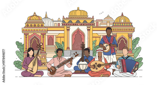 Six talented musicians sit in a row playing various traditional string and wind instruments before a magnificent golden-domed temple with intricate architectural details.