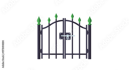 A sturdy black wrought iron garden gate featuring decorative green pointed finials and a secure silver latch stands prominently against a clean white background.