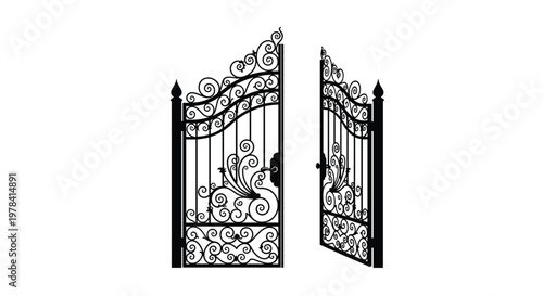 A pair of meticulously crafted black wrought iron gates featuring ornate floral scrolls and peacock motifs stands partially open in a bright white space.