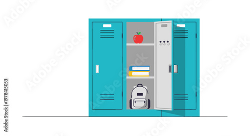 Three vibrant teal metal school lockers stand in a row with the central door swung open to reveal organized student supplies inside a bright environment.