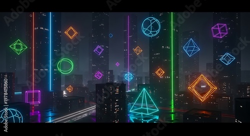 Wallpaper Mural Floating neon geometric shapes and glowing light beams over a dark urban cityscape at night creating a futuristic cyberpunk atmosphere and digital tech concept Torontodigital.ca