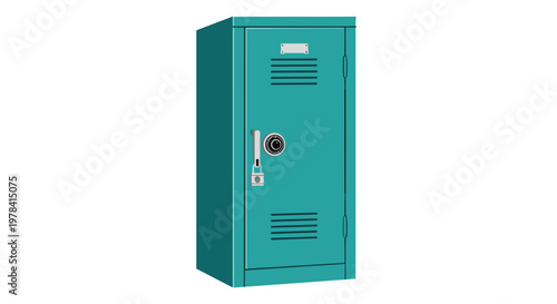 A single meticulous teal metal locker stands securely closed with a prominent combination dial and a sturdy silver padlock on its front door in a clean space.