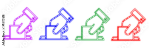 set of colorful neon outline icons representing a hand casting a vote into a ballot box, symbolizing election and political participation, vector illustration