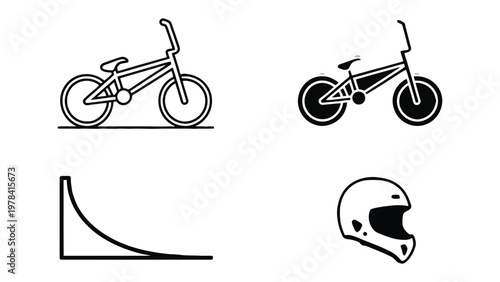 BMX essentials: Black and white illustrations of a BMX bicycle, helmet, and ramp, embodying the spirit of action sports.