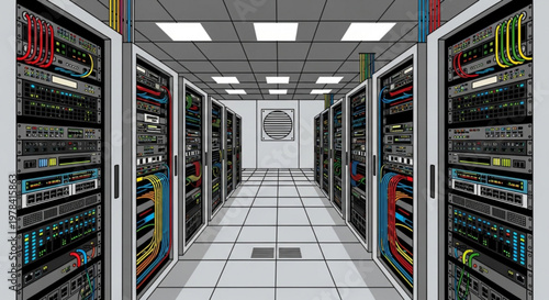 Server room interior with rows of computer servers and colorful cables on gray tiles modern data center technology
