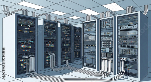 Large data center server room with multiple rows of computer equipment and cable management