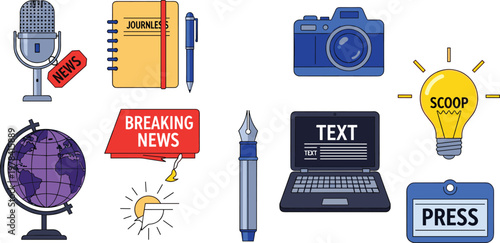 Set of Vector Icons for News and Media, Featuring Microphone, Breaking News, Camera, Globe, Text, and Press Symbols for Journalism and News Websites