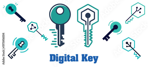 Cybersecurity digital key illustration representing encryption, access control, authentication, and secure technology concepts in futuristic vector art for technology and network protection visuals