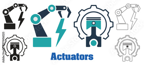 Innovative actuator technology illustration showing robotic arms, mechanical movement, automation energy icons, and industrial components symbolizing power systems, robotics, and machine control desig