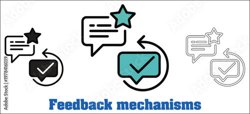 Feedback communication mechanism concept illustration featuring message icons, check marks, and evaluation symbols representing improvement, response systems, validation, and digital interaction
