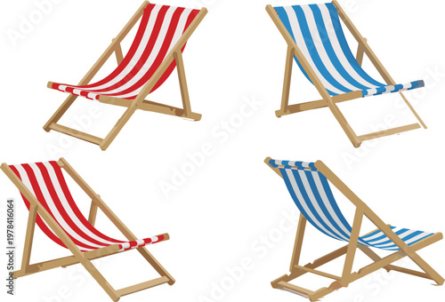Striped Beach Chair Vector Set with Folding Deck Loungers for Summer Vacation Relaxation and Outdoor Leisure Illustration
