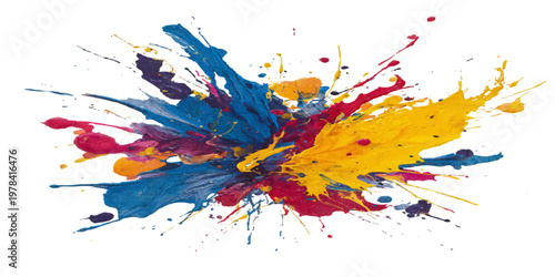 Artistic design featuring colorful ink splashes and watercolor blots with rainbow paint splatters, textured brush strokes, and grunge stains in a vibrant vector illustration