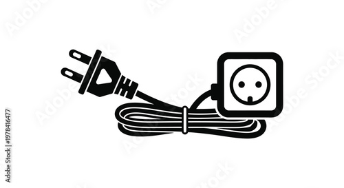 Electrical plug and socket connected with coiled cable graphic silhouette