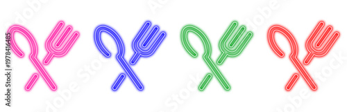 Set of colorful neon cross cutlery icons, depicting glowing outline spoon and fork symbols for restaurant, cafe menu, or kitchen design elements and modern dining concepts