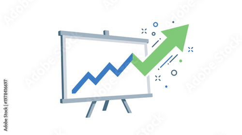 Business Growth Illustration: A dynamic illustration portrays a business presentation board, showcasing an upward trend line with a vibrant green arrow indicating growth and success.